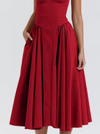 Midikleid mit Rüschen, herzförmigem Ausschnitt, Spaghettiträgern, ärmellos, Empire-Taille