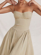 Midikleid mit Rüschen, herzförmigem Ausschnitt, Spaghettiträgern, ärmellos, Empire-Taille