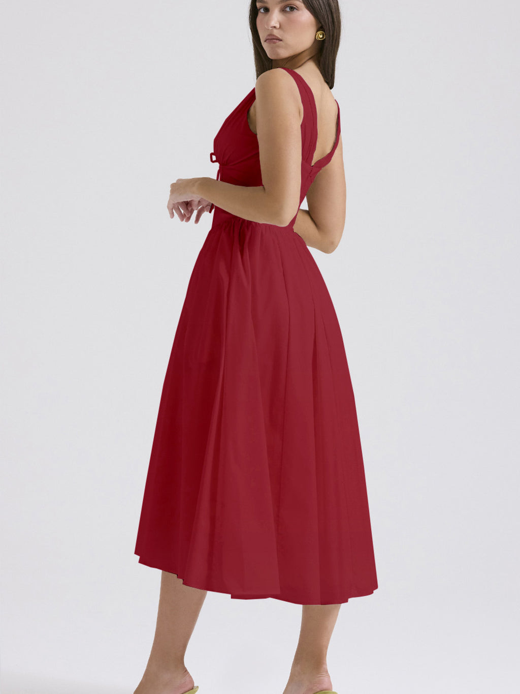 Midi Dress V-Neck Ruffle Empire Waist Sleeveless Floral with Pockets