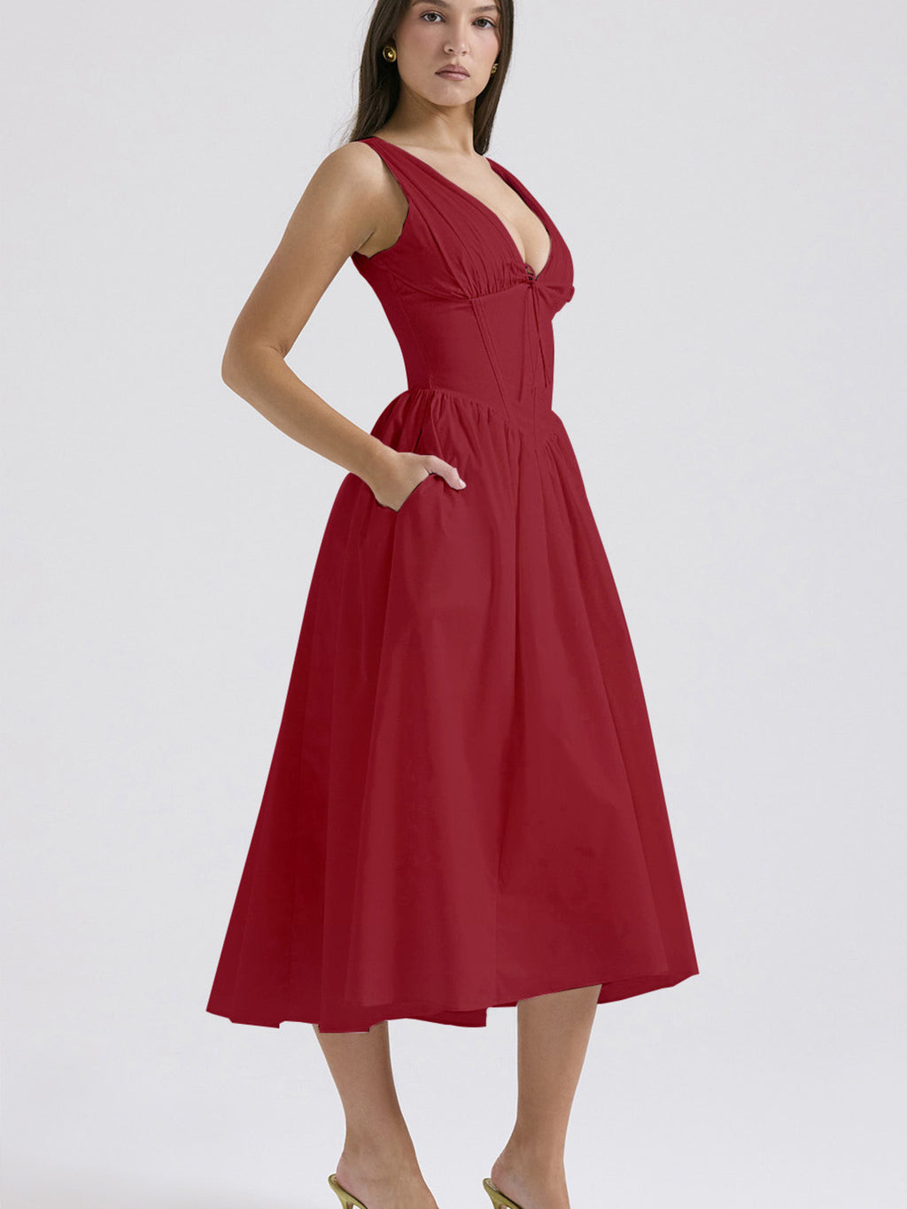 Midi Dress V-Neck Ruffle Empire Waist Sleeveless Floral with Pockets