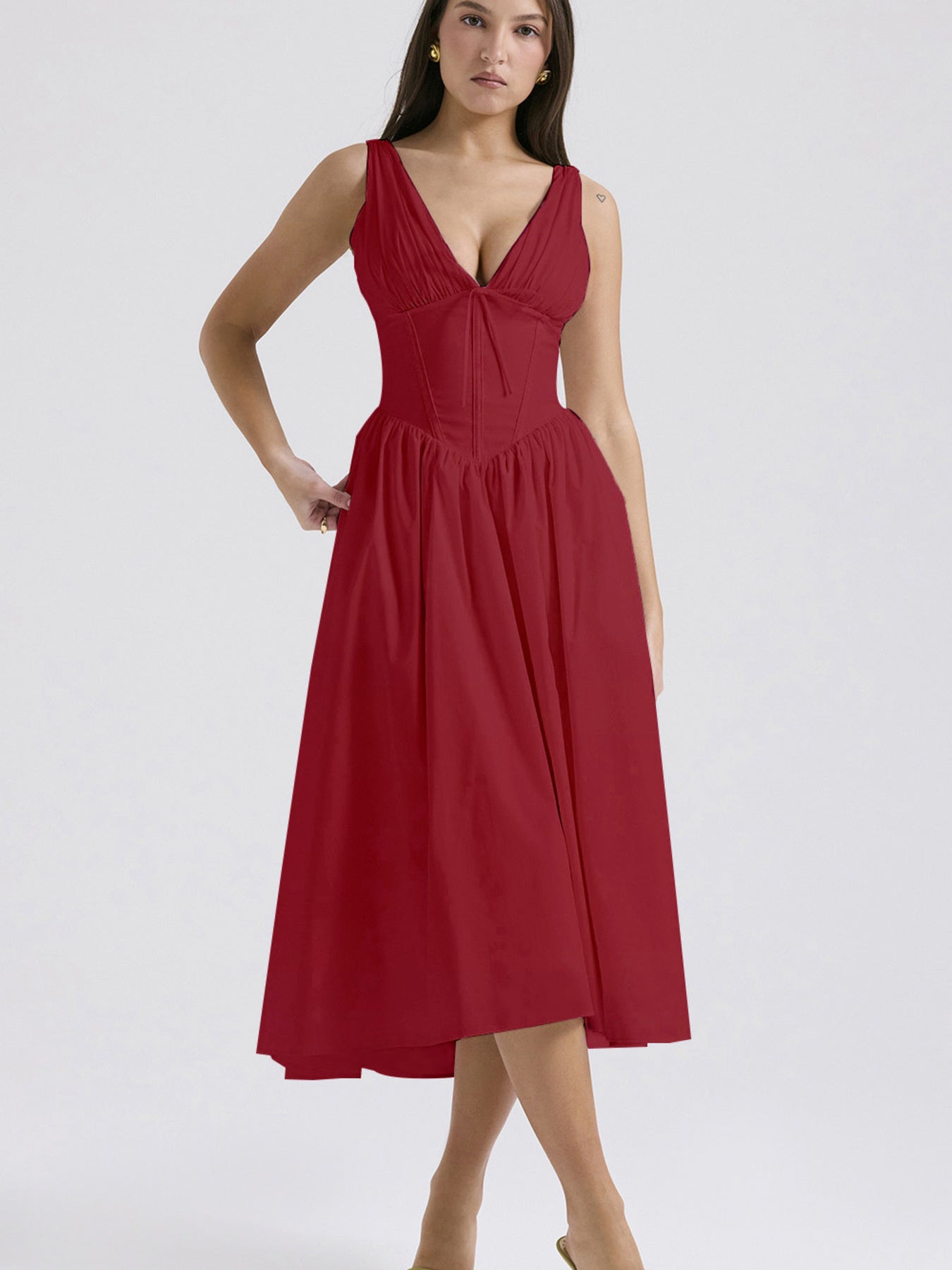 Midi Dress V-Neck Ruffle Empire Waist Sleeveless Floral with Pockets