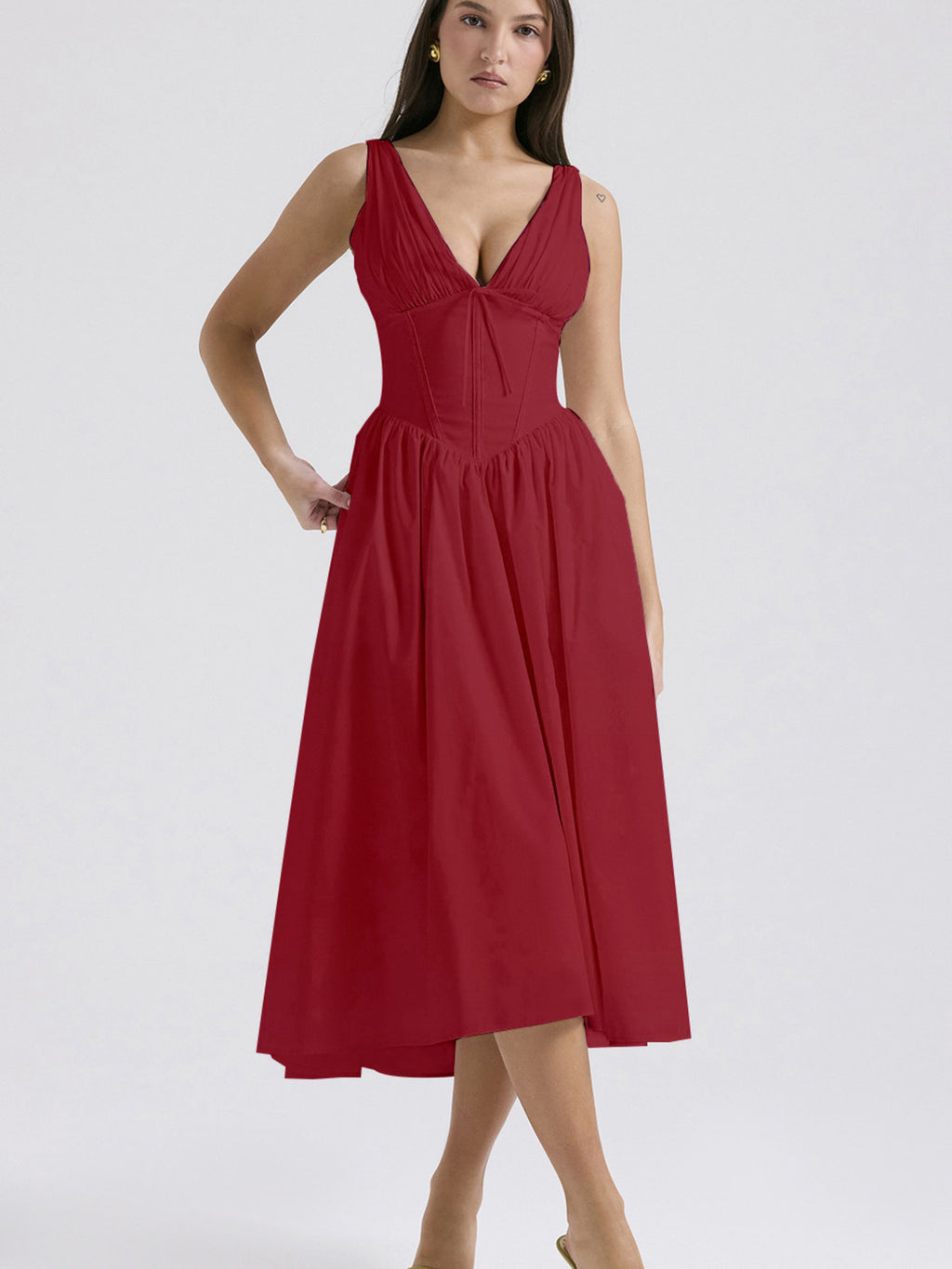Midi Dress V-Neck Ruffle Empire Waist Sleeveless Floral with Pockets