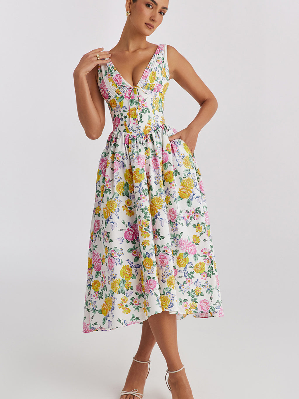 Midi Dress V-Neck Ruffle Empire Waist Sleeveless Floral with Pockets