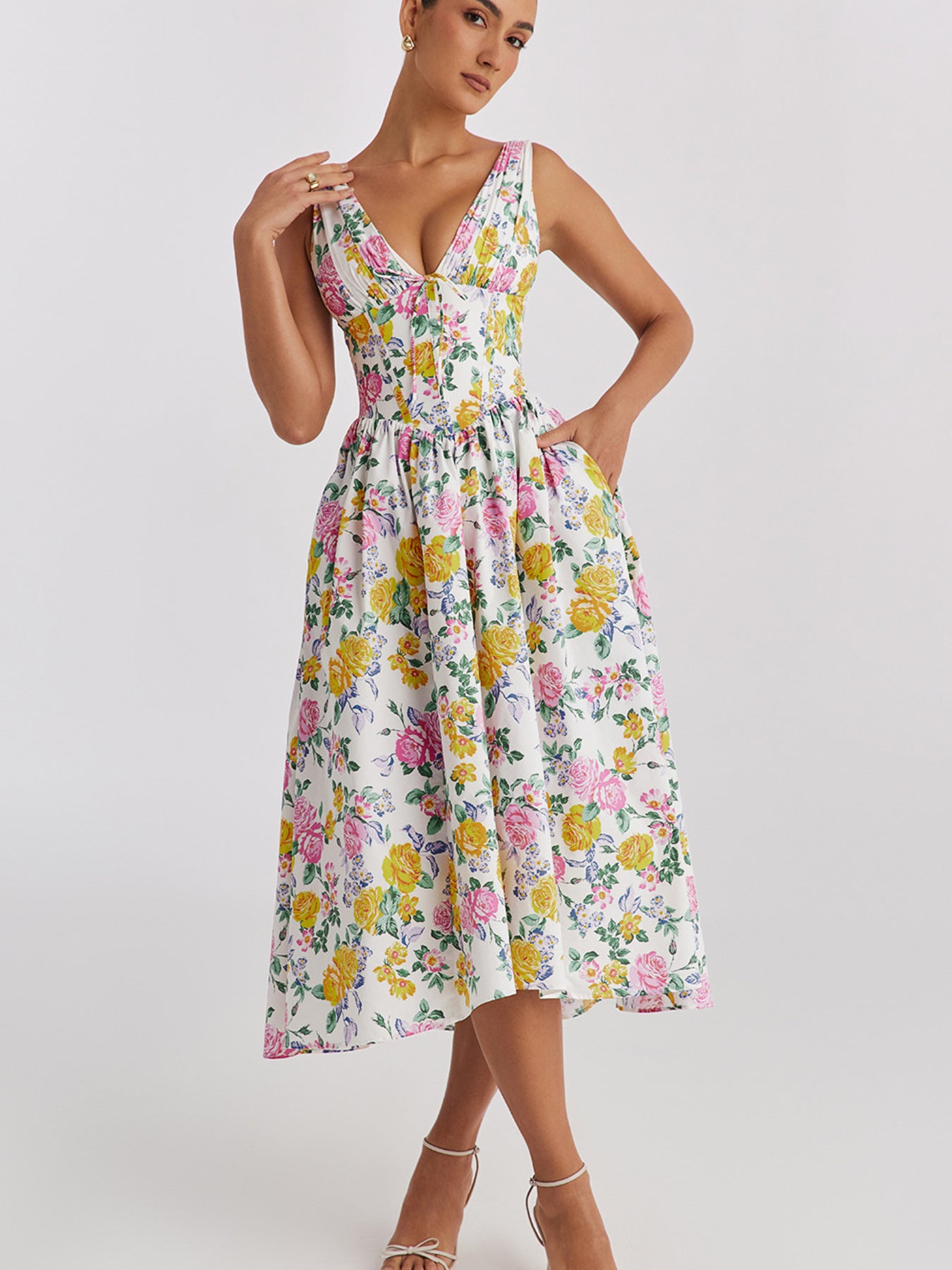 Midi Dress V-Neck Ruffle Empire Waist Sleeveless Floral with Pockets