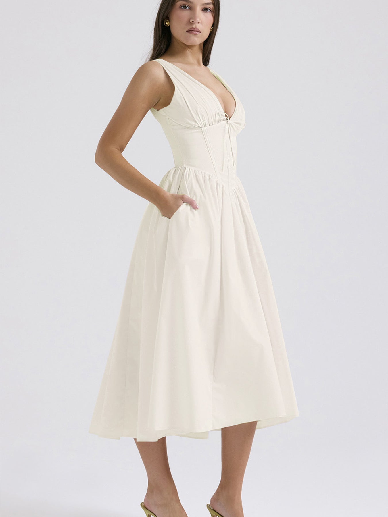 Midi Dress V-Neck Ruffle Empire Waist Sleeveless Floral with Pockets