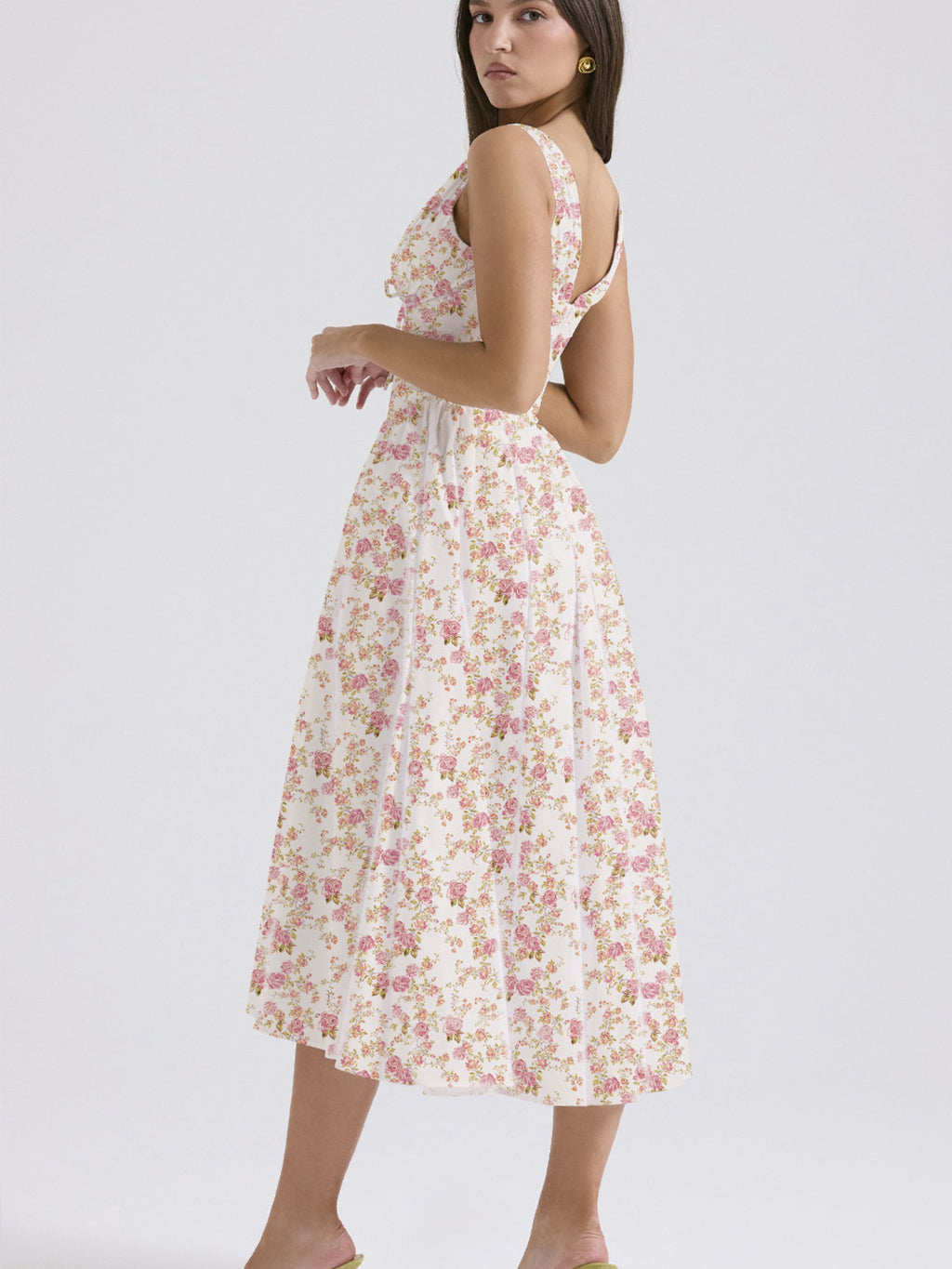 Midi Dress V-Neck Ruffle Empire Waist Sleeveless Floral with Pockets