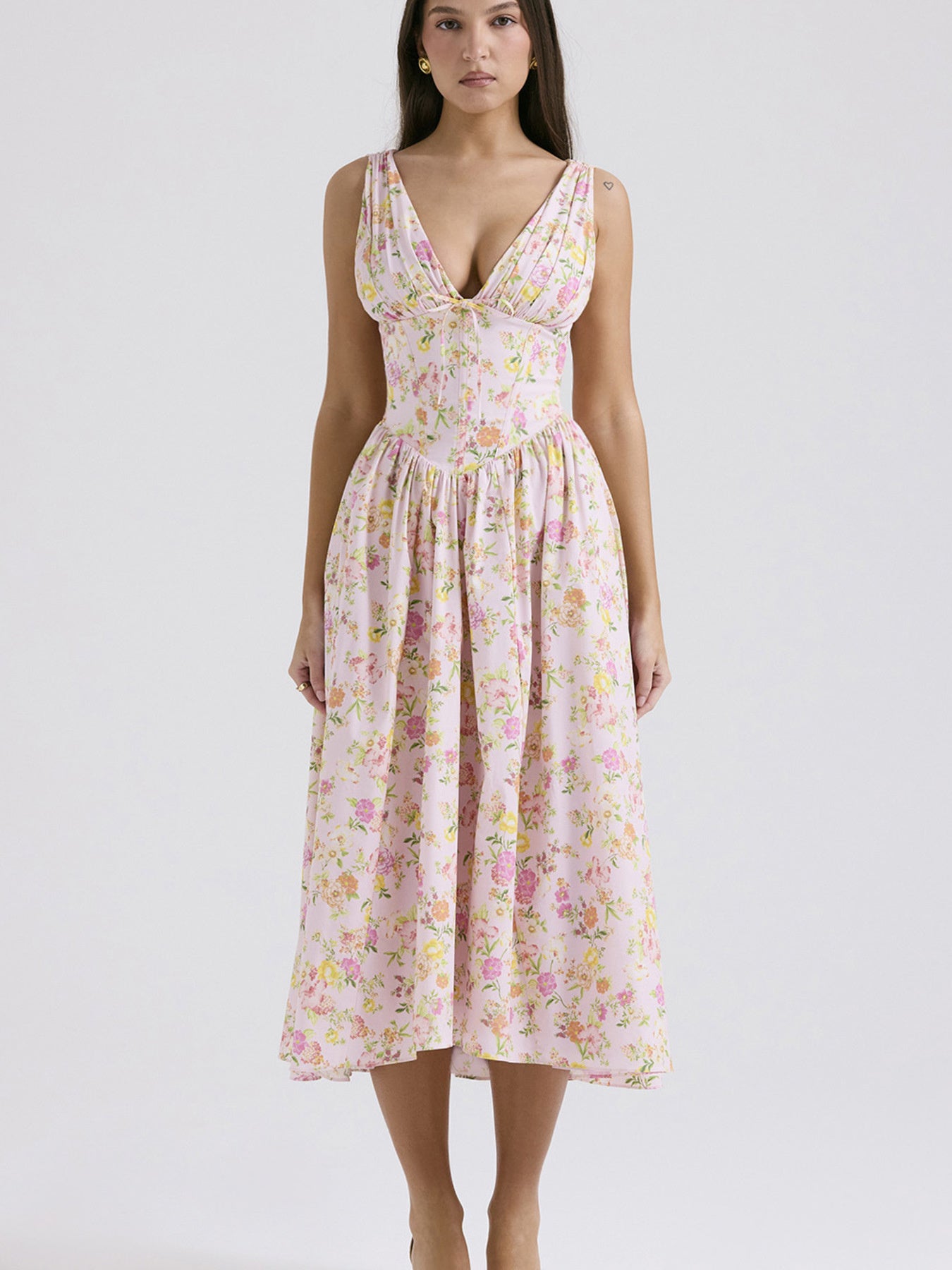Midi Dress V-Neck Ruffle Empire Waist Sleeveless Floral with Pockets