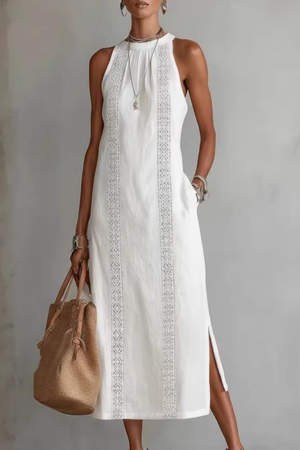 Midi Dress Halter Neck Lace Floral Stripe Sleeveless Side Slit with Pockets
