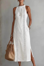 Midi Dress Halter Neck Lace Floral Stripe Sleeveless Side Slit with Pockets