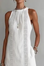 Midi Dress Halter Neck Lace Floral Stripe Sleeveless Side Slit with Pockets