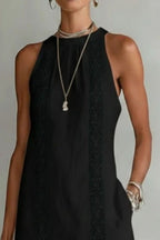 Midi Dress Halter Neck Lace Floral Stripe Sleeveless Side Slit with Pockets