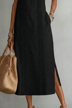 Midi Dress Halter Neck Lace Floral Stripe Sleeveless Side Slit with Pockets