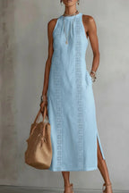 Midi Dress Halter Neck Lace Floral Stripe Sleeveless Side Slit with Pockets