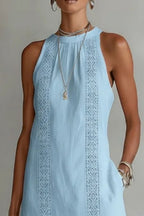 Midi Dress Halter Neck Lace Floral Stripe Sleeveless Side Slit with Pockets