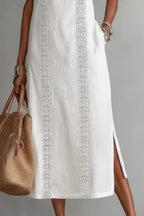 Midi Dress Halter Neck Lace Floral Stripe Sleeveless Side Slit with Pockets