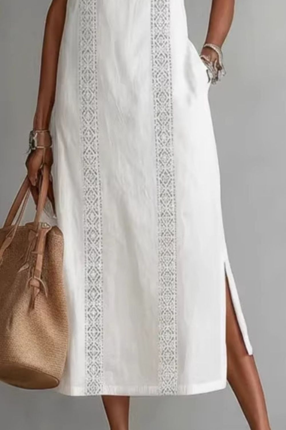 Midi Dress Halter Neck Lace Floral Stripe Sleeveless Side Slit with Pockets