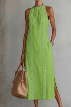 Midi Dress Halter Neck Lace Floral Stripe Sleeveless Side Slit with Pockets