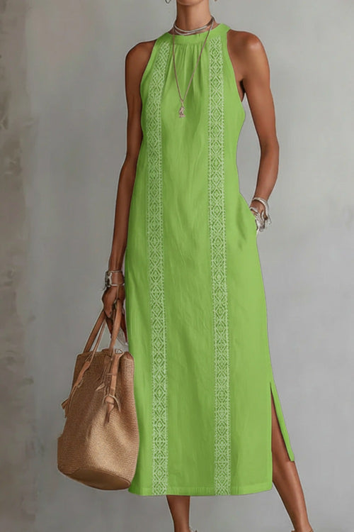 Midi Dress Halter Neck Lace Floral Stripe Sleeveless Side Slit with Pockets