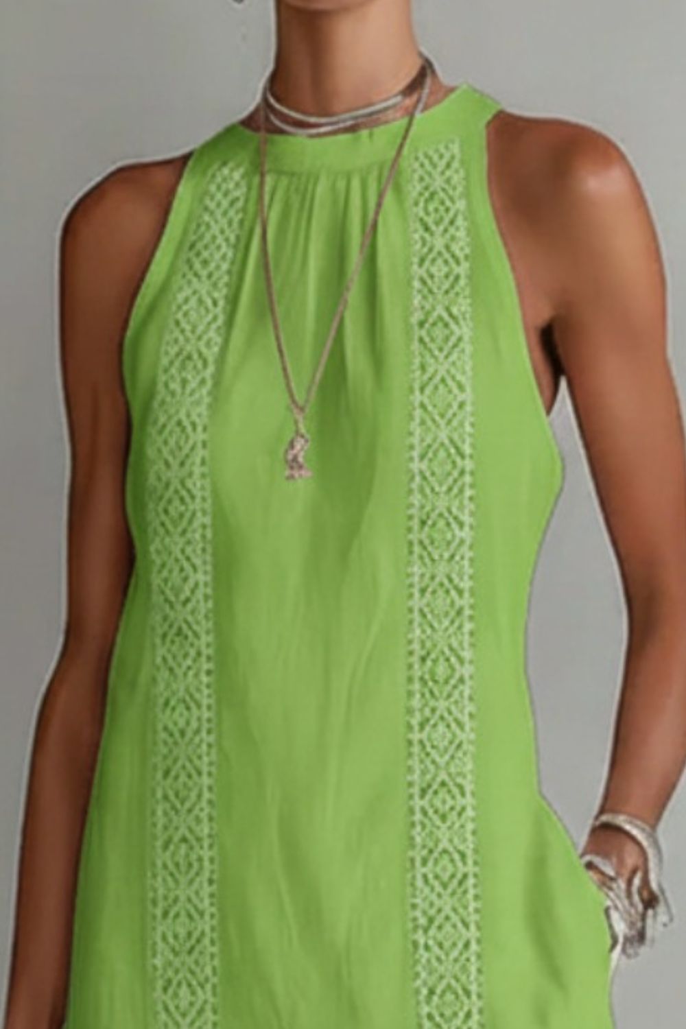 Midi Dress Halter Neck Lace Floral Stripe Sleeveless Side Slit with Pockets
