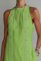 Midi Dress Halter Neck Lace Floral Stripe Sleeveless Side Slit with Pockets