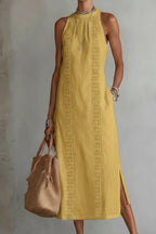 Midi Dress Halter Neck Lace Floral Stripe Sleeveless Side Slit with Pockets