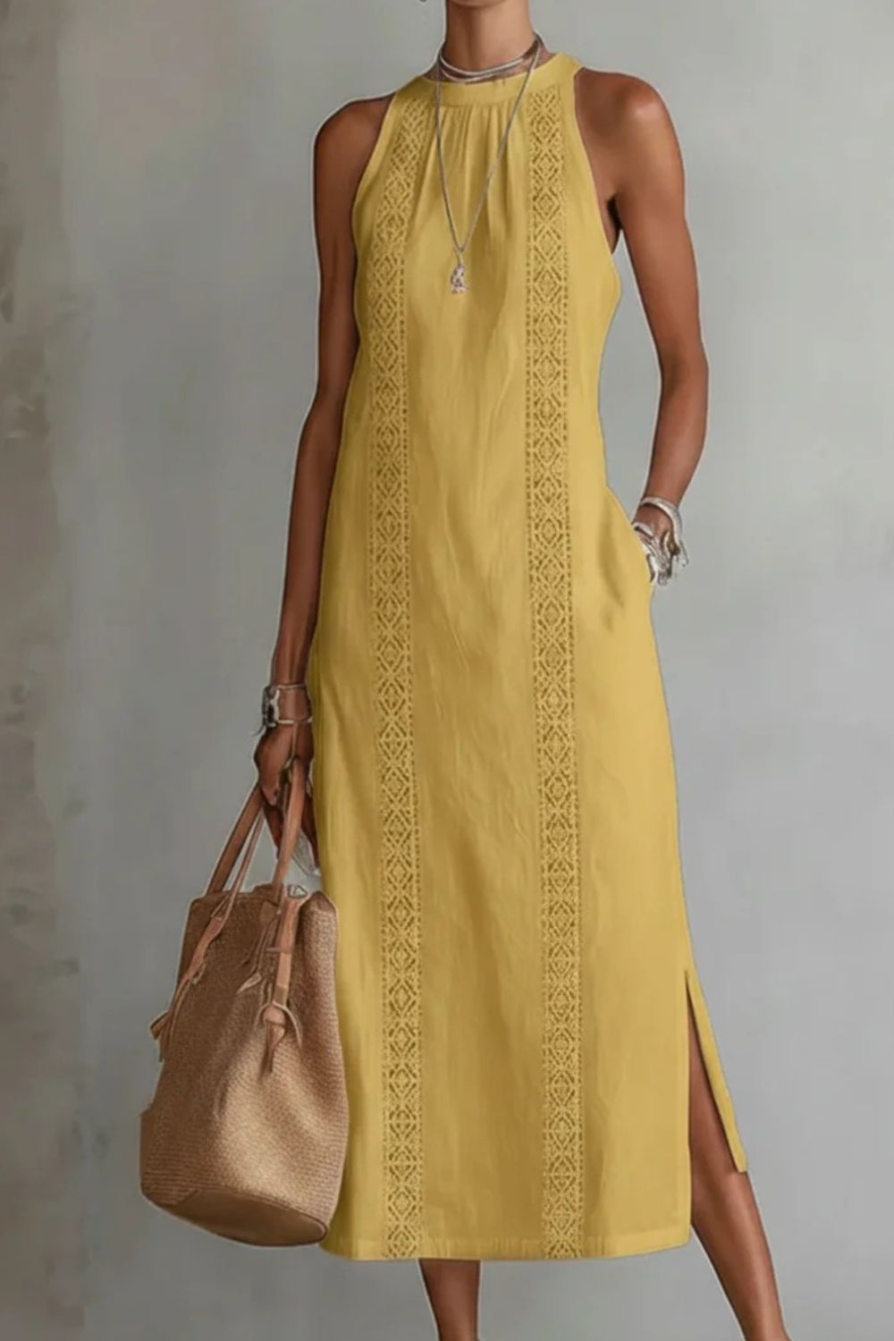Midi Dress Halter Neck Lace Floral Stripe Sleeveless Side Slit with Pockets
