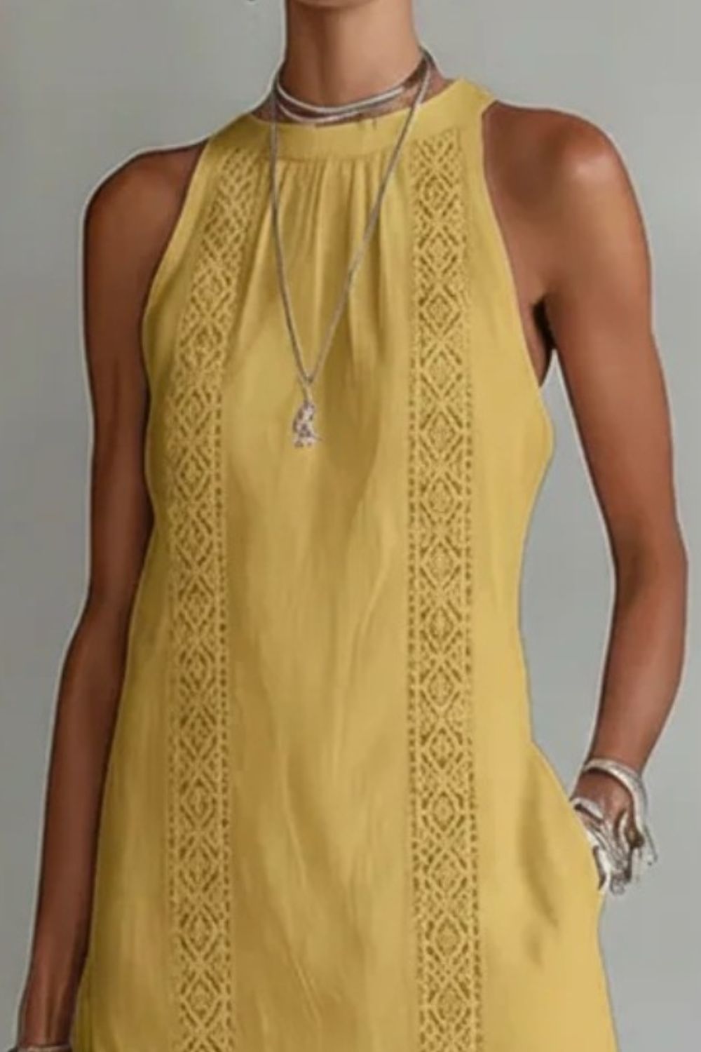 Midi Dress Halter Neck Lace Floral Stripe Sleeveless Side Slit with Pockets