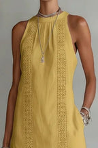 Midi Dress Halter Neck Lace Floral Stripe Sleeveless Side Slit with Pockets
