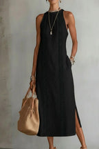 Midi Dress Halter Neck Lace Floral Stripe Sleeveless Side Slit with Pockets