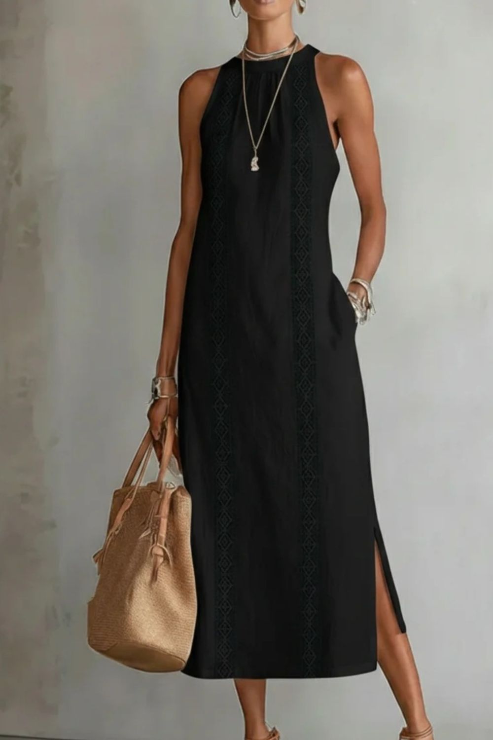 Midi Dress Halter Neck Lace Floral Stripe Sleeveless Side Slit with Pockets