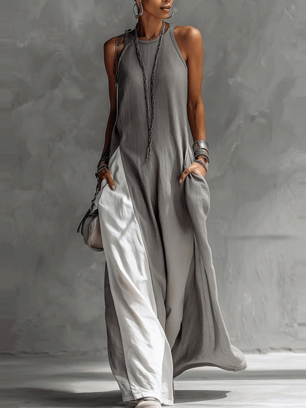 Sleeveless Maxi Dress Oversized Loose Colorblock Round Neck with Pockets