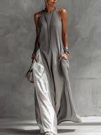 Sleeveless Maxi Dress Oversized Loose Colorblock Round Neck with Pockets
