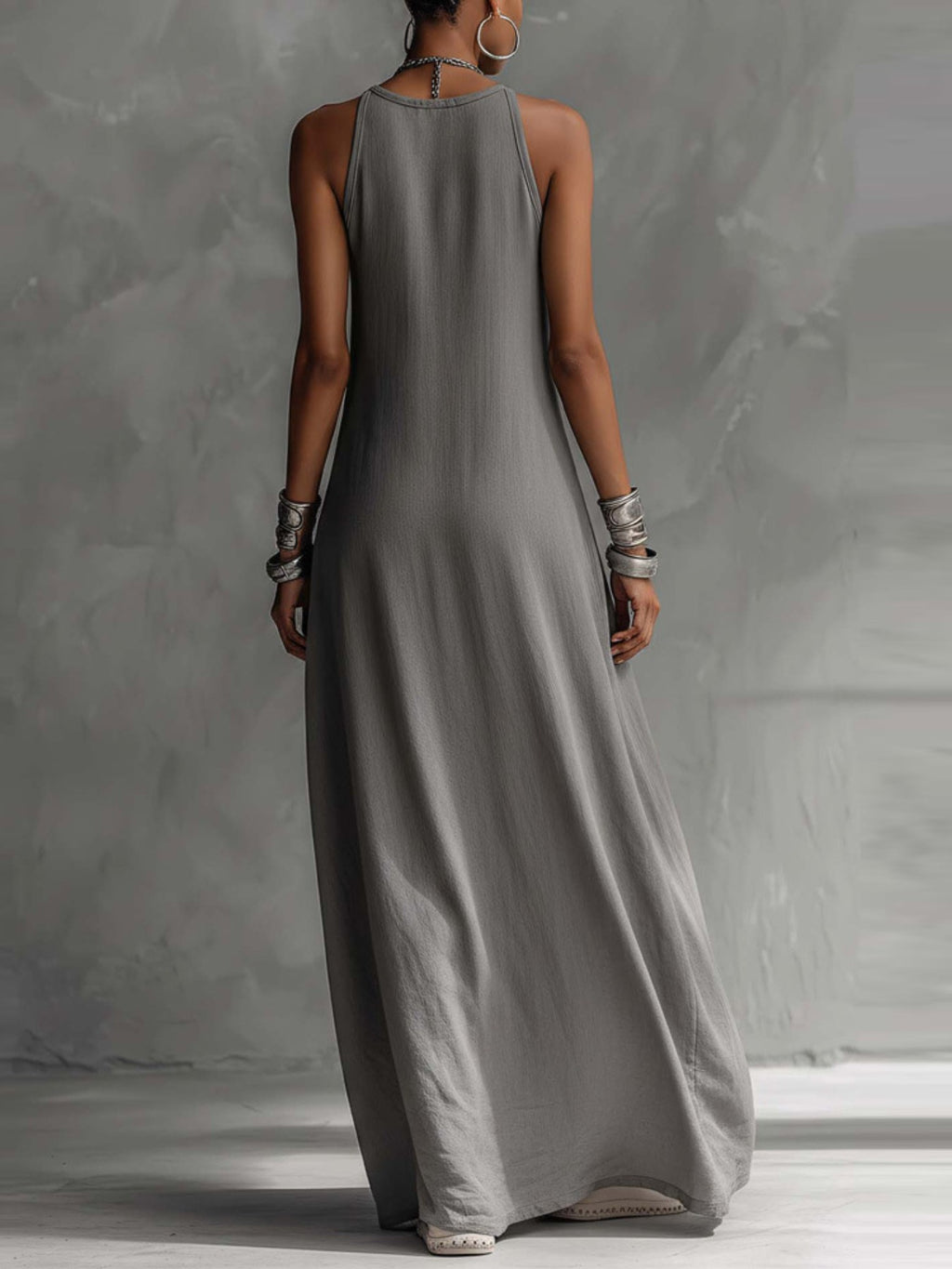 Sleeveless Maxi Dress Oversized Loose Colorblock Round Neck with Pockets