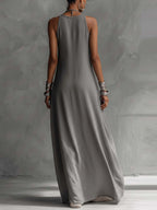 Sleeveless Maxi Dress Oversized Loose Colorblock Round Neck with Pockets