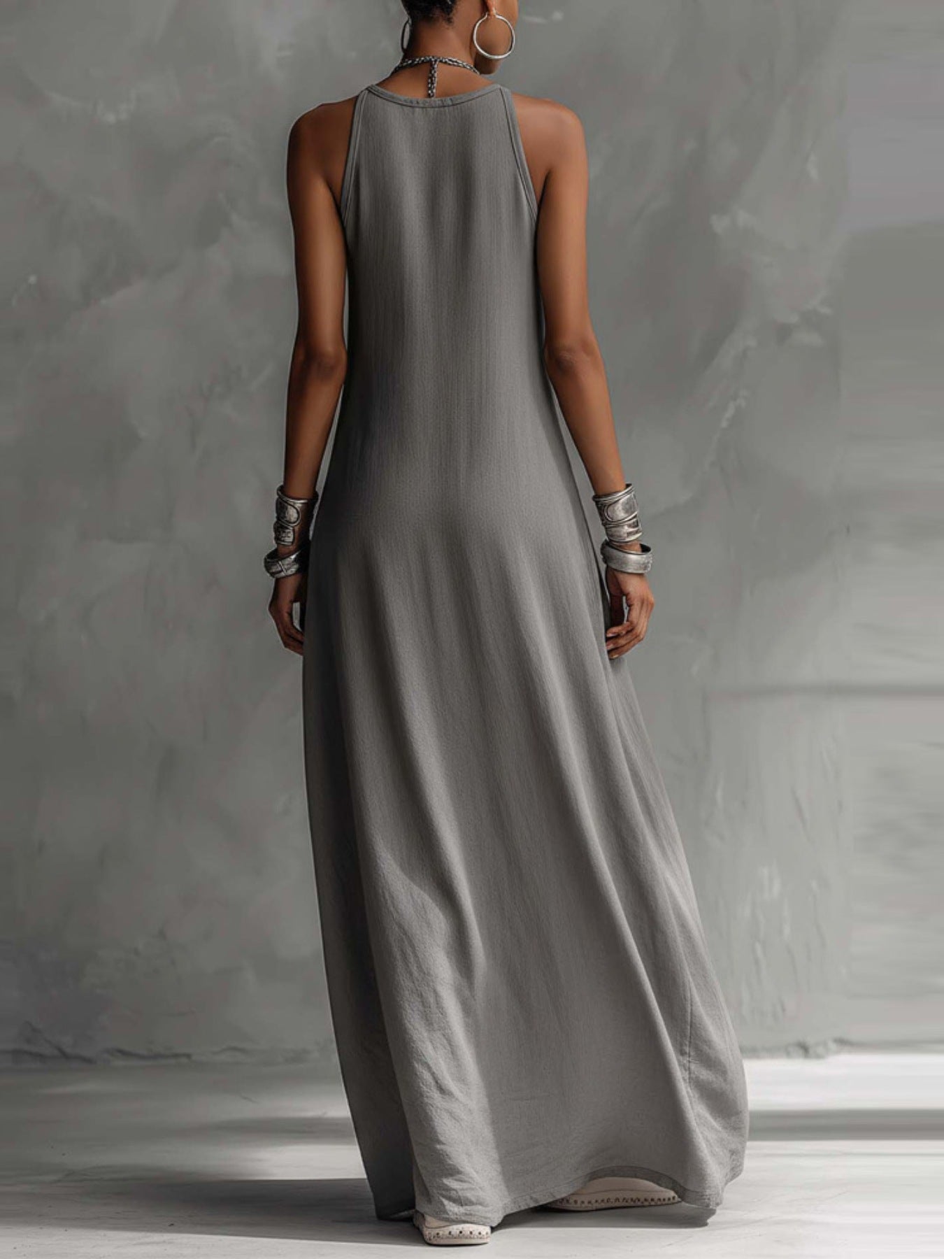 Sleeveless Maxi Dress Oversized Loose Colorblock Round Neck with Pockets