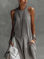 Sleeveless Maxi Dress Oversized Loose Colorblock Round Neck with Pockets