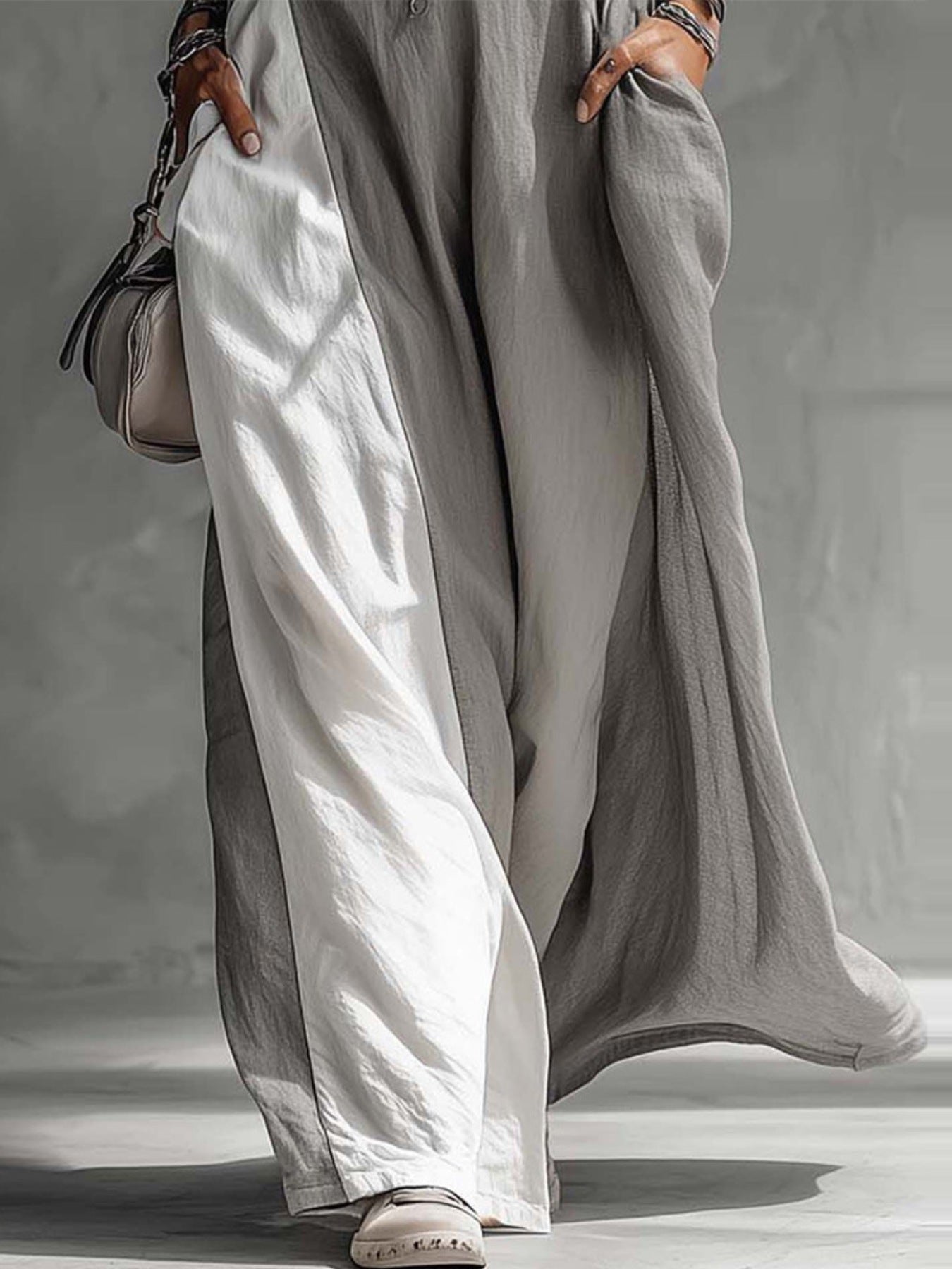 Sleeveless Maxi Dress Oversized Loose Colorblock Round Neck with Pockets