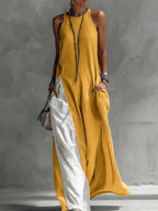 Sleeveless Maxi Dress Oversized Loose Colorblock Round Neck with Pockets