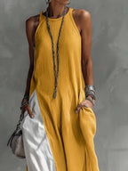 Sleeveless Maxi Dress Oversized Loose Colorblock Round Neck with Pockets