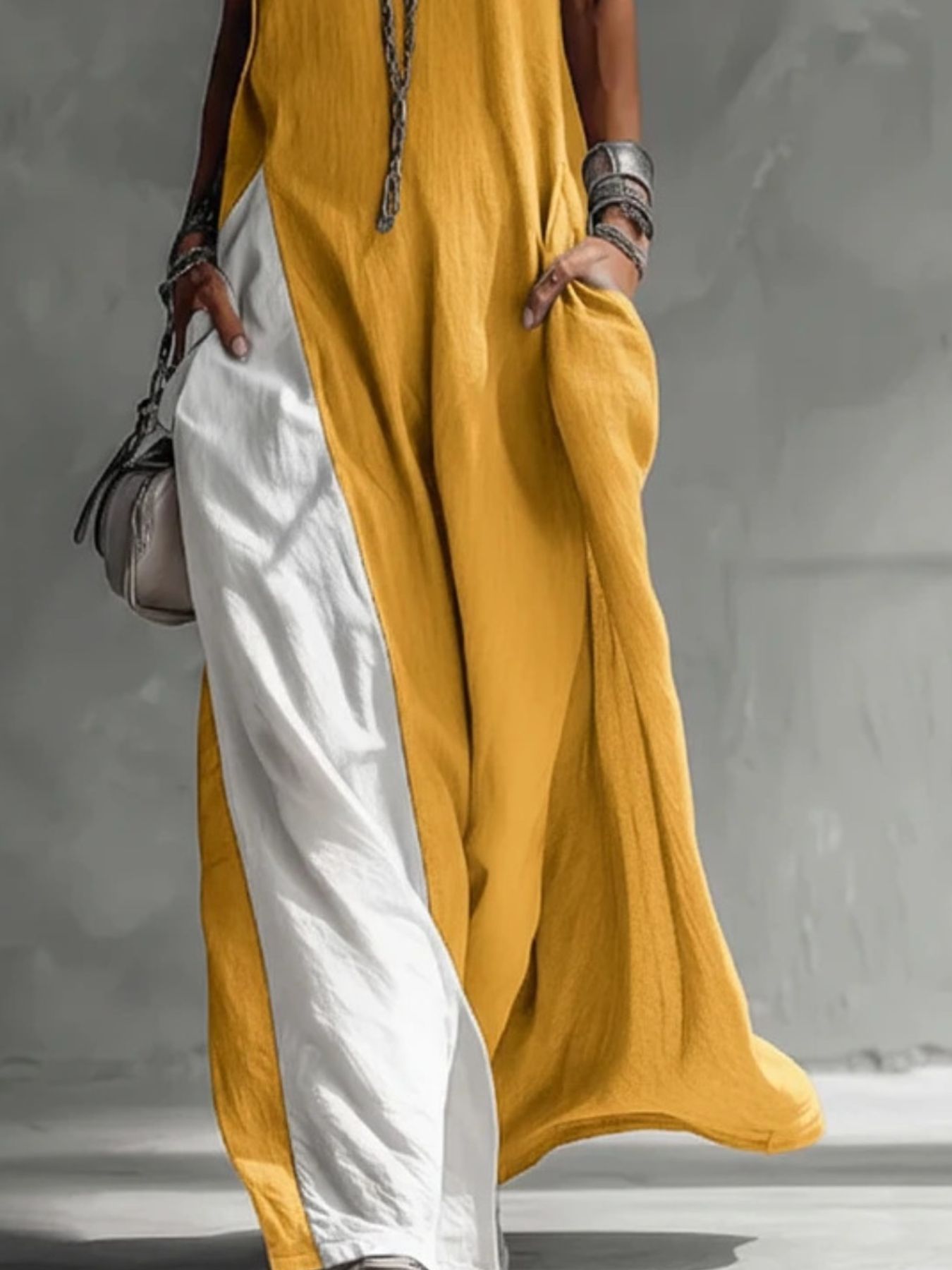 Sleeveless Maxi Dress Oversized Loose Colorblock Round Neck with Pockets