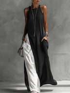 Sleeveless Maxi Dress Oversized Loose Colorblock Round Neck with Pockets