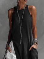 Sleeveless Maxi Dress Oversized Loose Colorblock Round Neck with Pockets