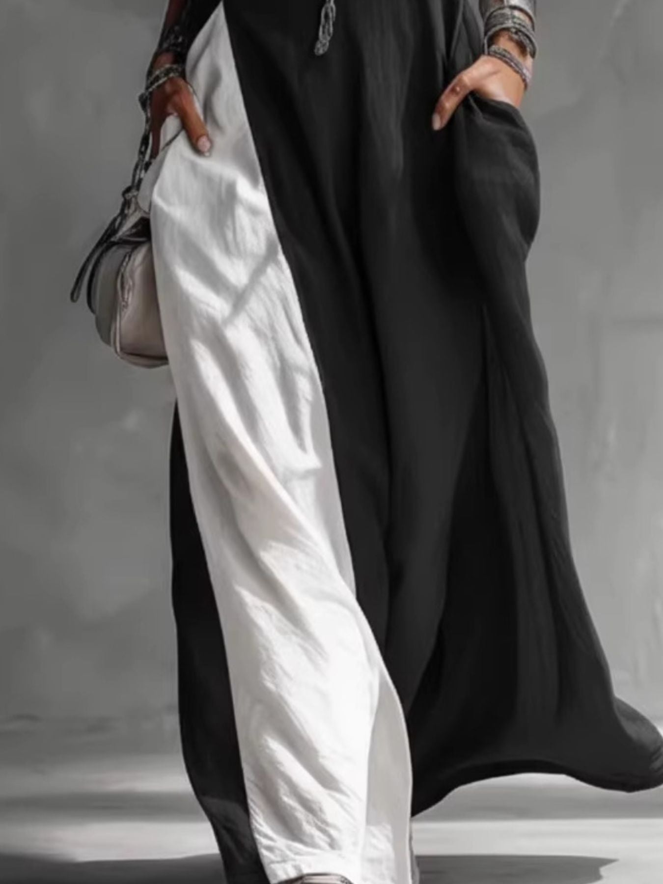 Sleeveless Maxi Dress Oversized Loose Colorblock Round Neck with Pockets