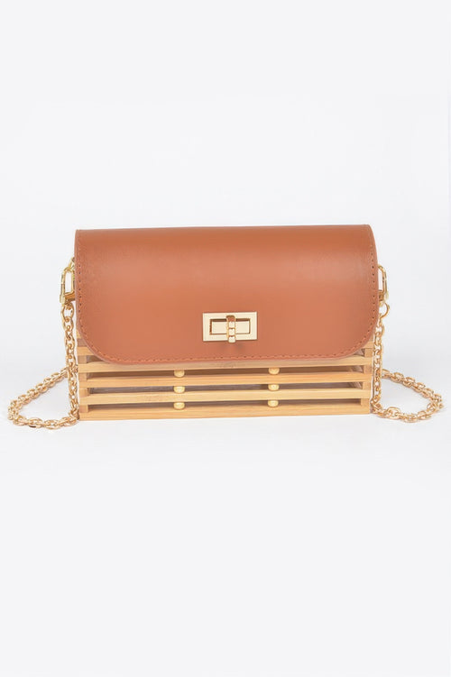 Bamboo Flap Crossbody Bag with Adjustable Strap and Mixed Metal Hardware