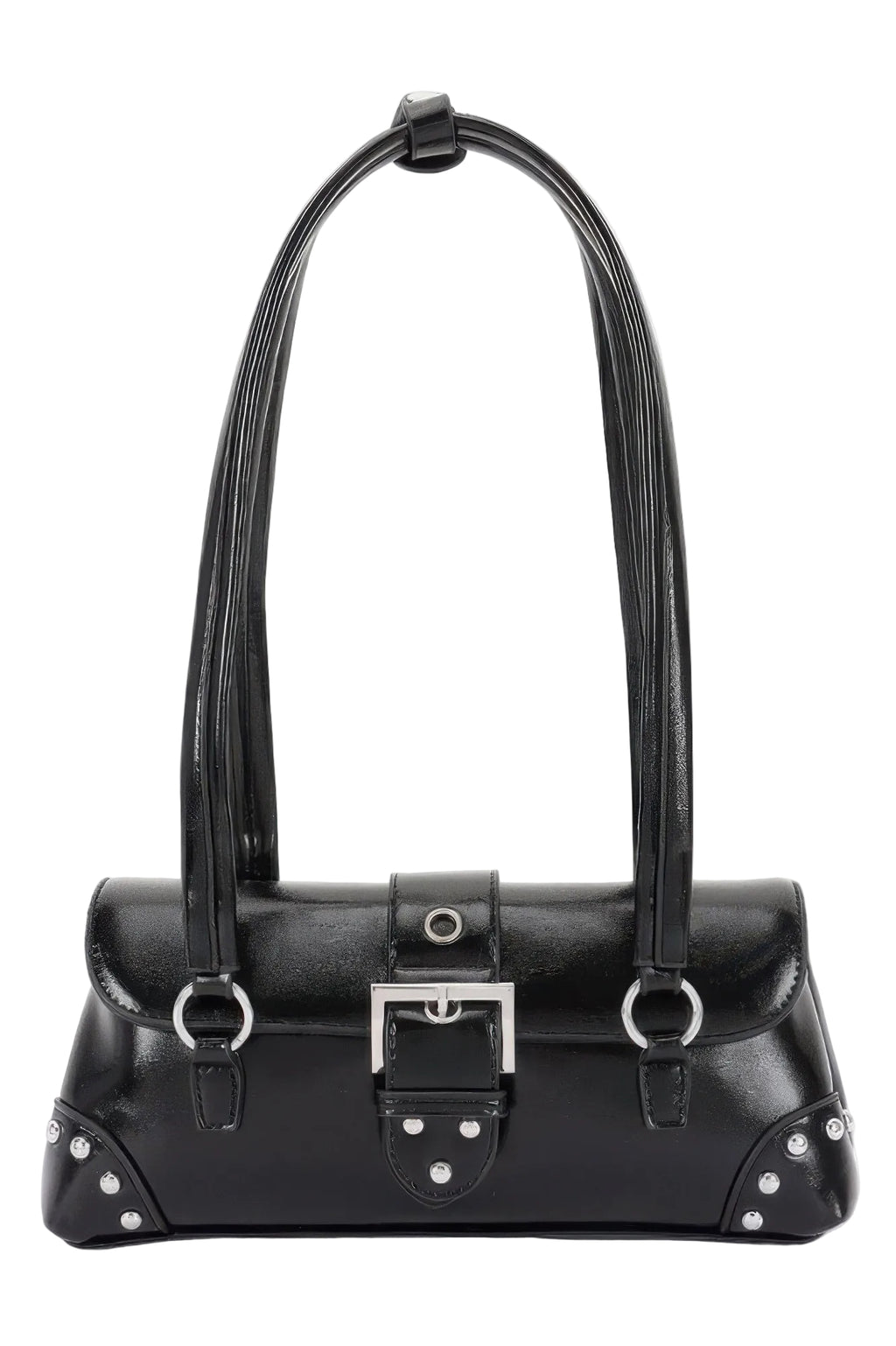 Vegan Leather Shoulder Bag with Metal Studs and Buckle Accent