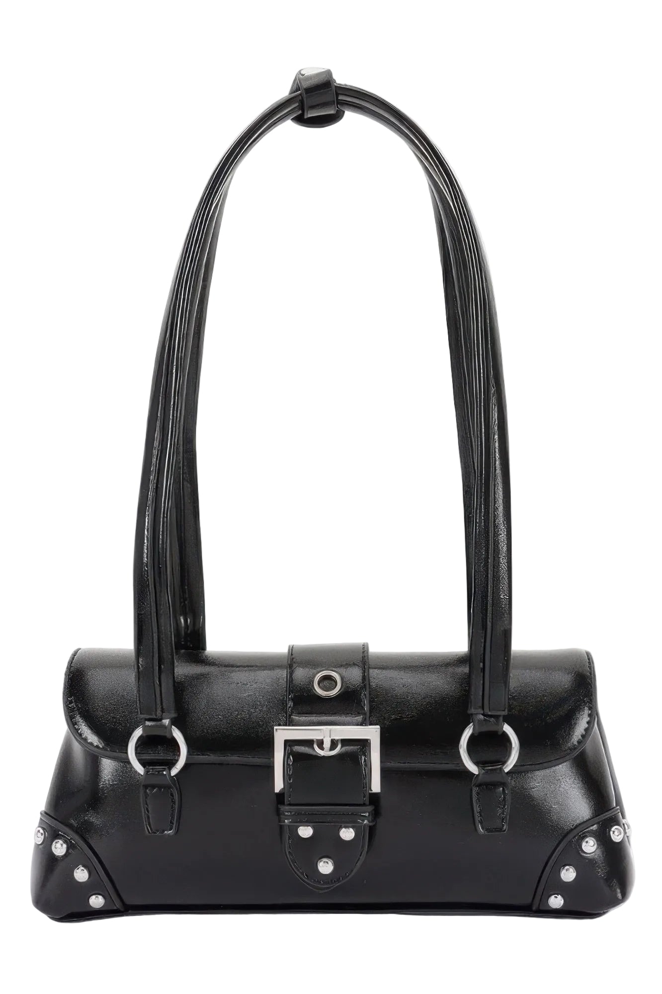 Vegan Leather Shoulder Bag with Metal Studs and Buckle Accent