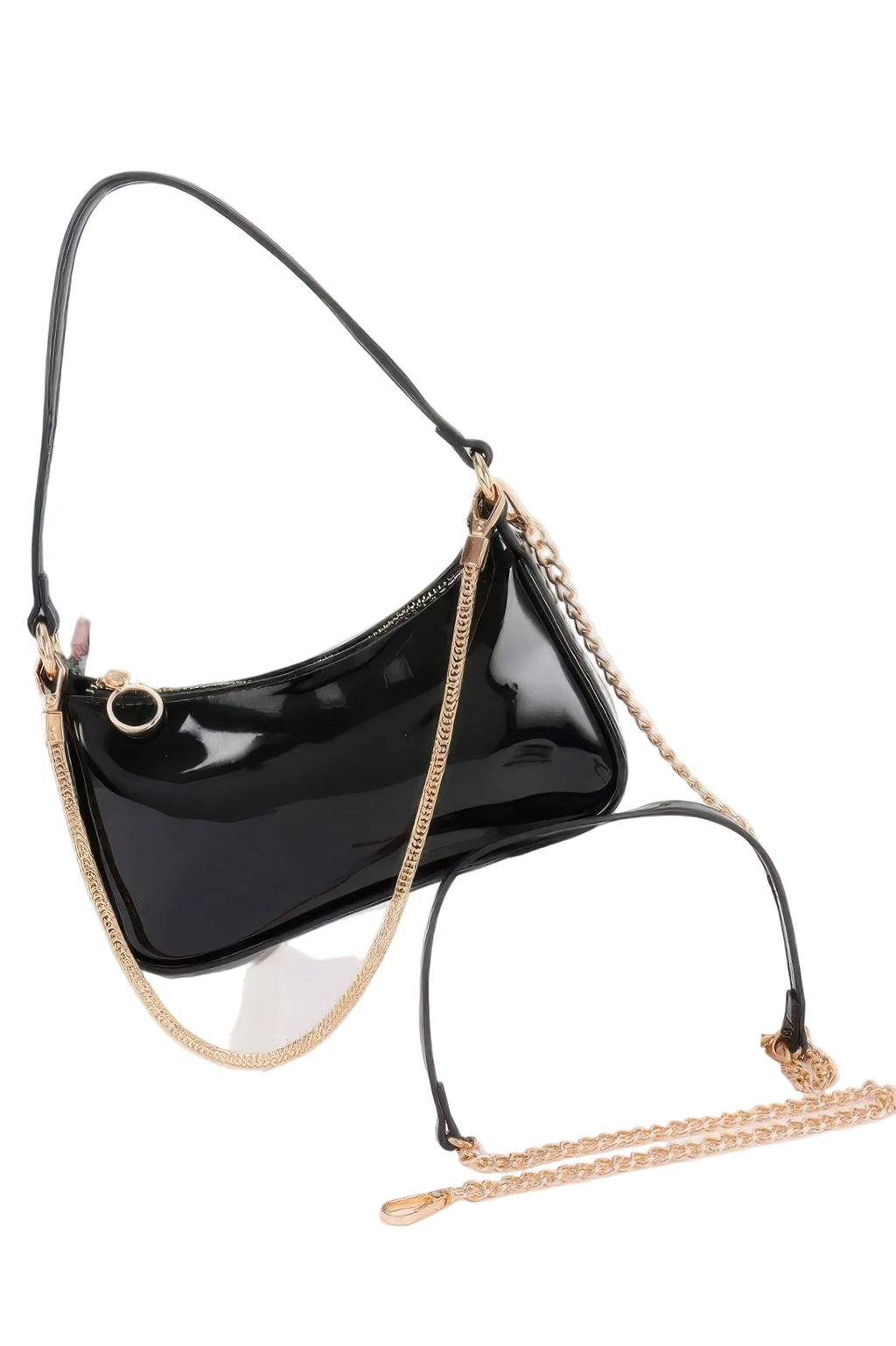 Patent Vegan Leather Chain Shoulder Bag with Glossy Finish and Mixed Metal Strap