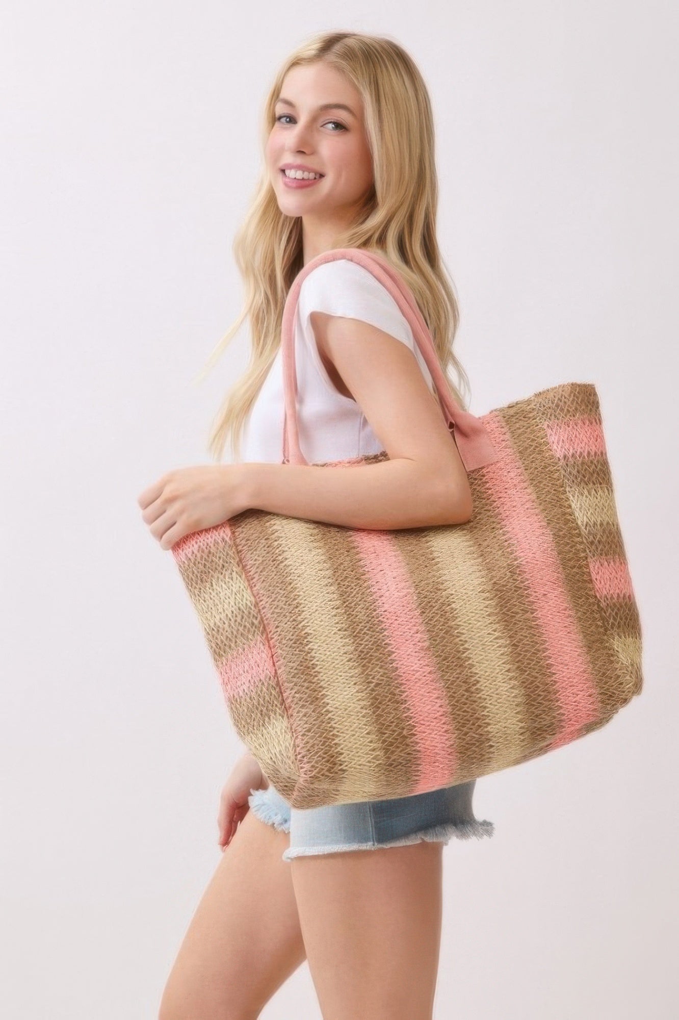 Natural Brown Multi-Color Striped Straw Tote Bag