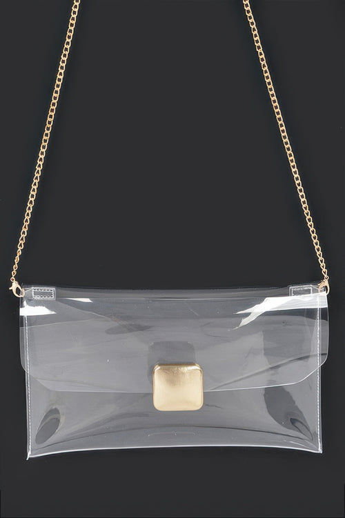Transparent Flap Clutch - Clear PVC Envelope Clutch with Metal Trim, 12"W x 7"H x 1"D