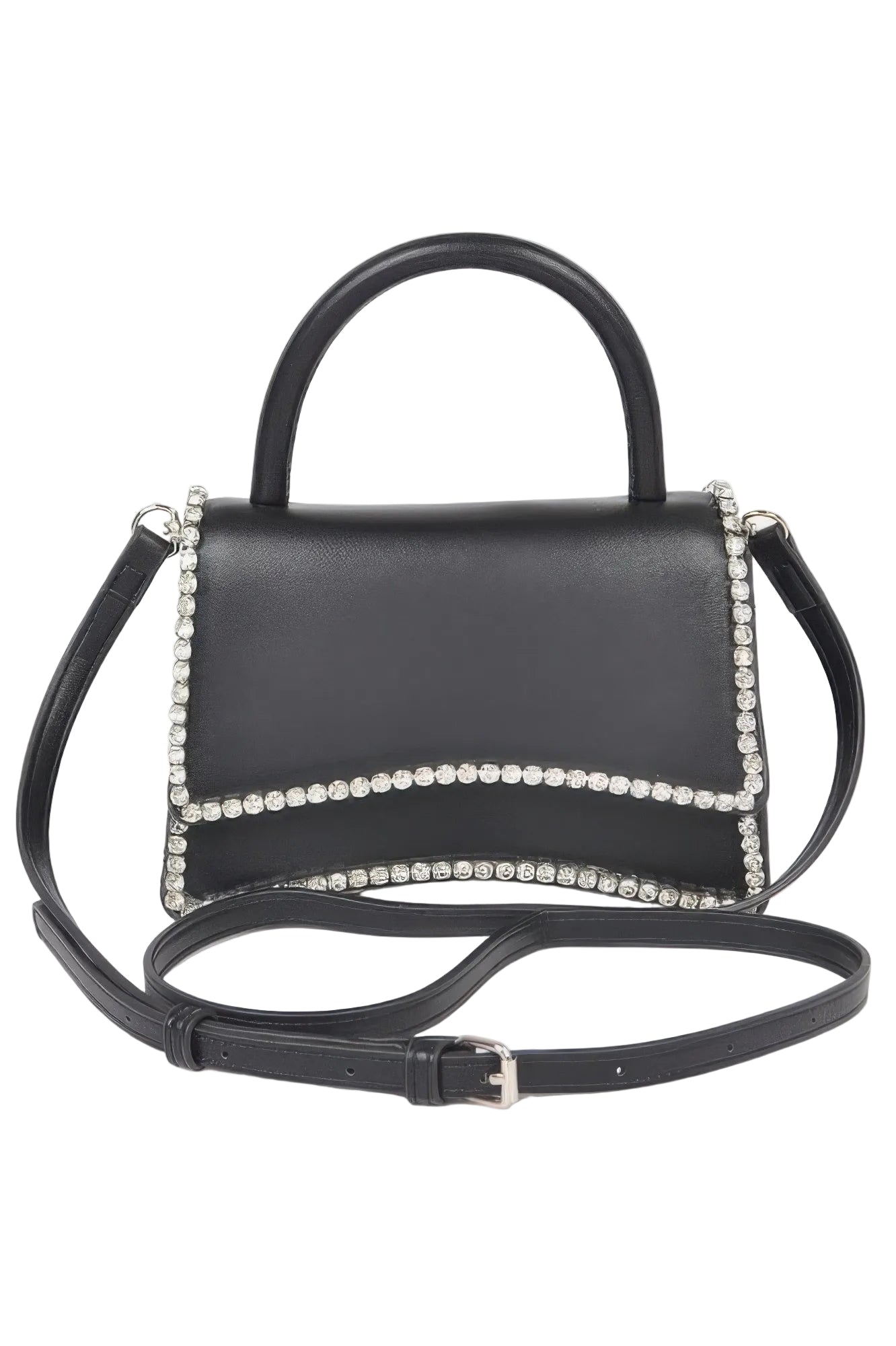 Faux Leather Top Handle Flap Bag with Rhinestone Detailing